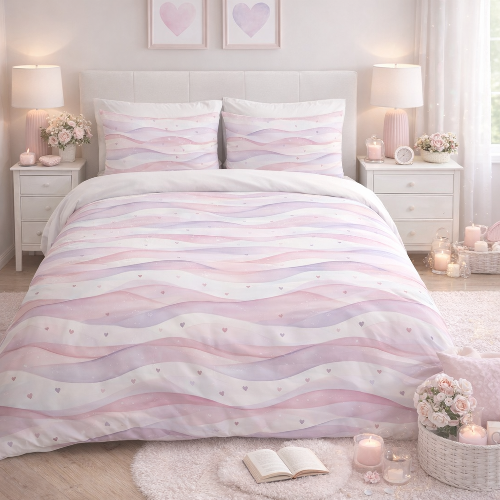 Blush & Lavender Heartwave Duvet Cover  Pastel Aesthetic Bedding  Cozy Feminine Bedroom Decor
