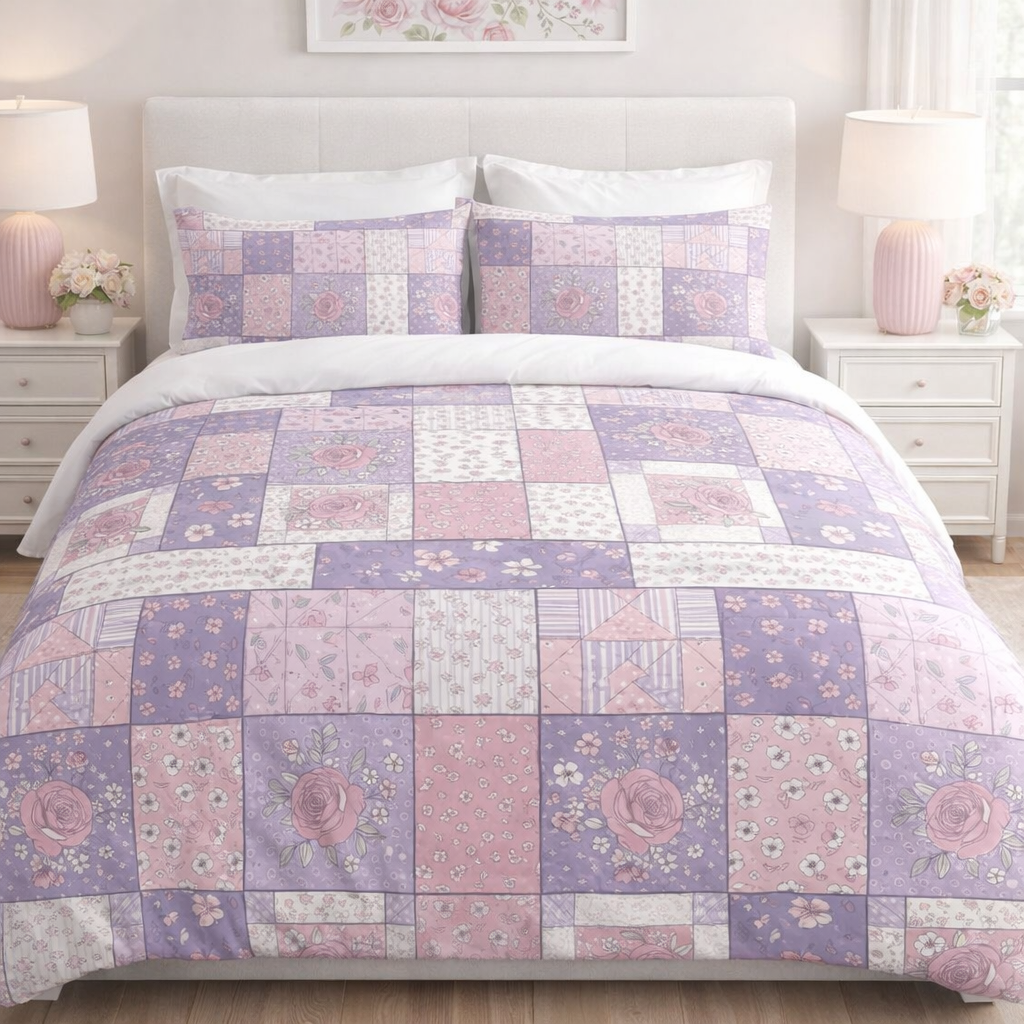 Blush & Lavender Patchwork Quilt Duvet Cover  Romantic Floral Bedding  Cozy Feminine Bedroom Decor
